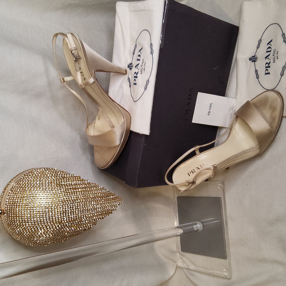 Prada Raso Sabbia champagne satin platform peep toe sandals pumps heels shoes - Picture 3 of 9